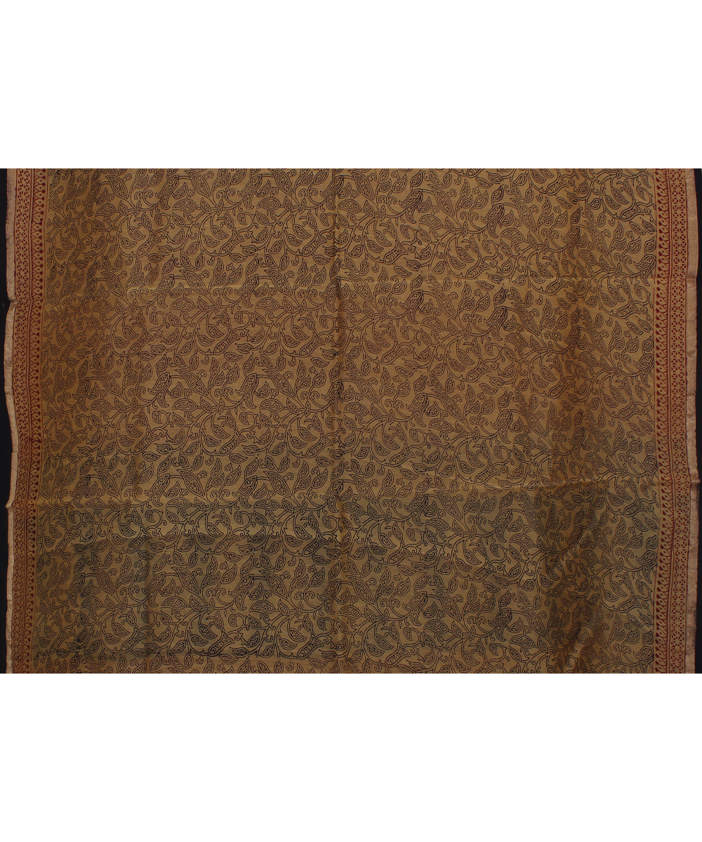 beige black cotton silk hand printed chanderi saree