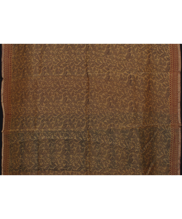 beige black cotton silk hand printed chanderi saree