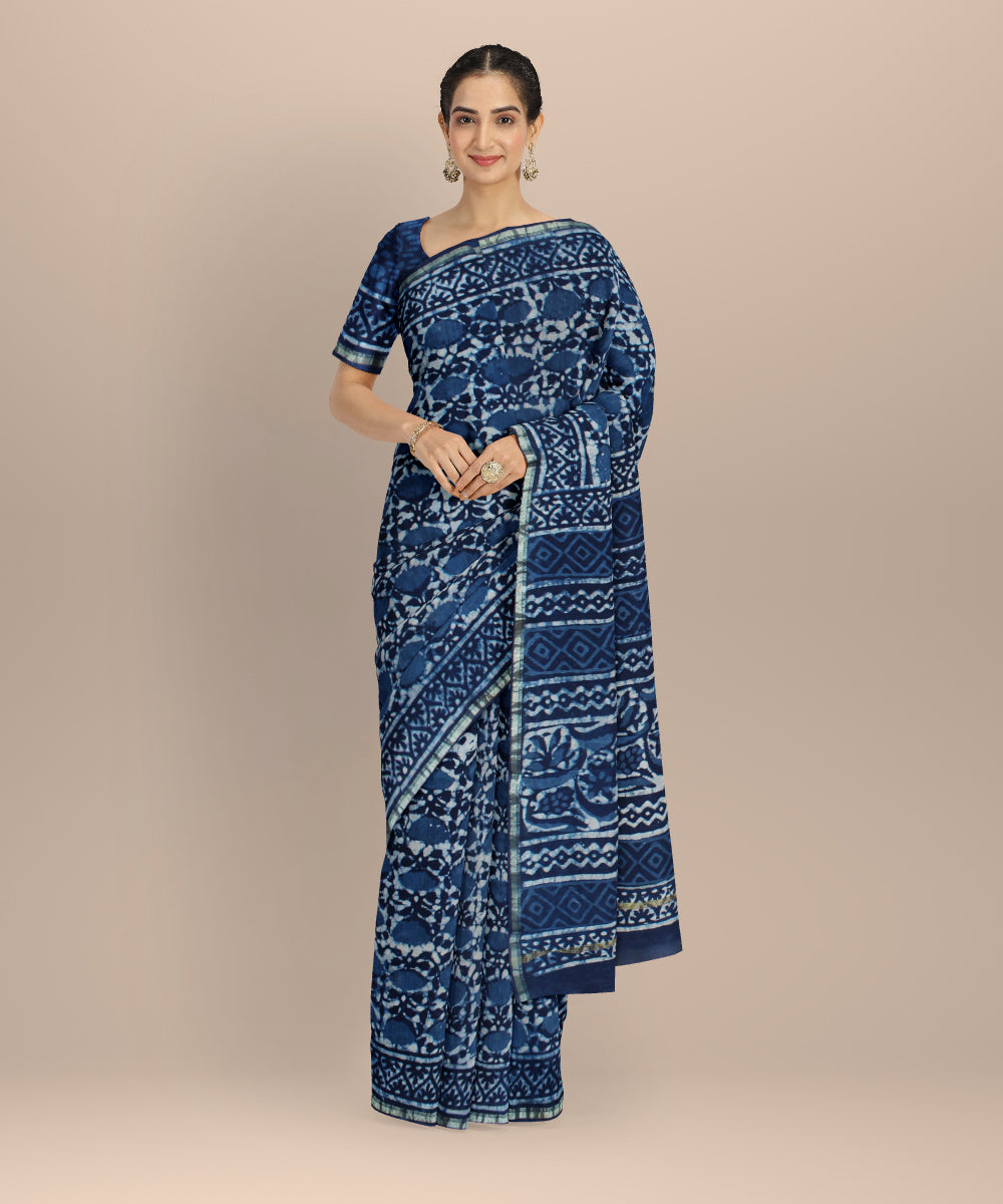 Navy blue chanderi cotton silk handloom saree