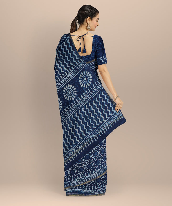 Navy blue cotton silk hand block printed chanderi handloom saree