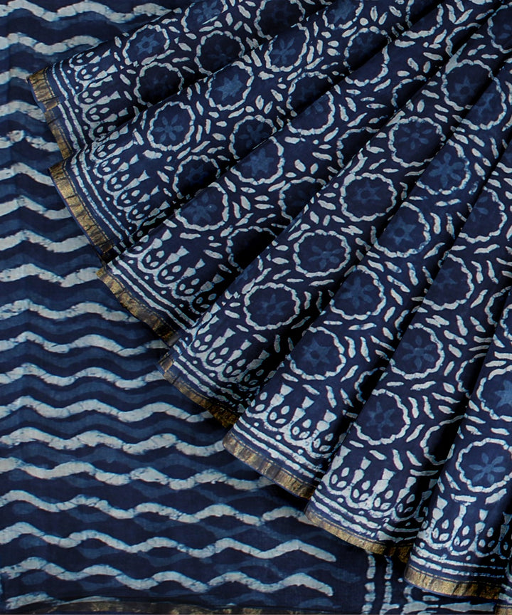 Navy blue cotton silk hand block printed chanderi handloom saree