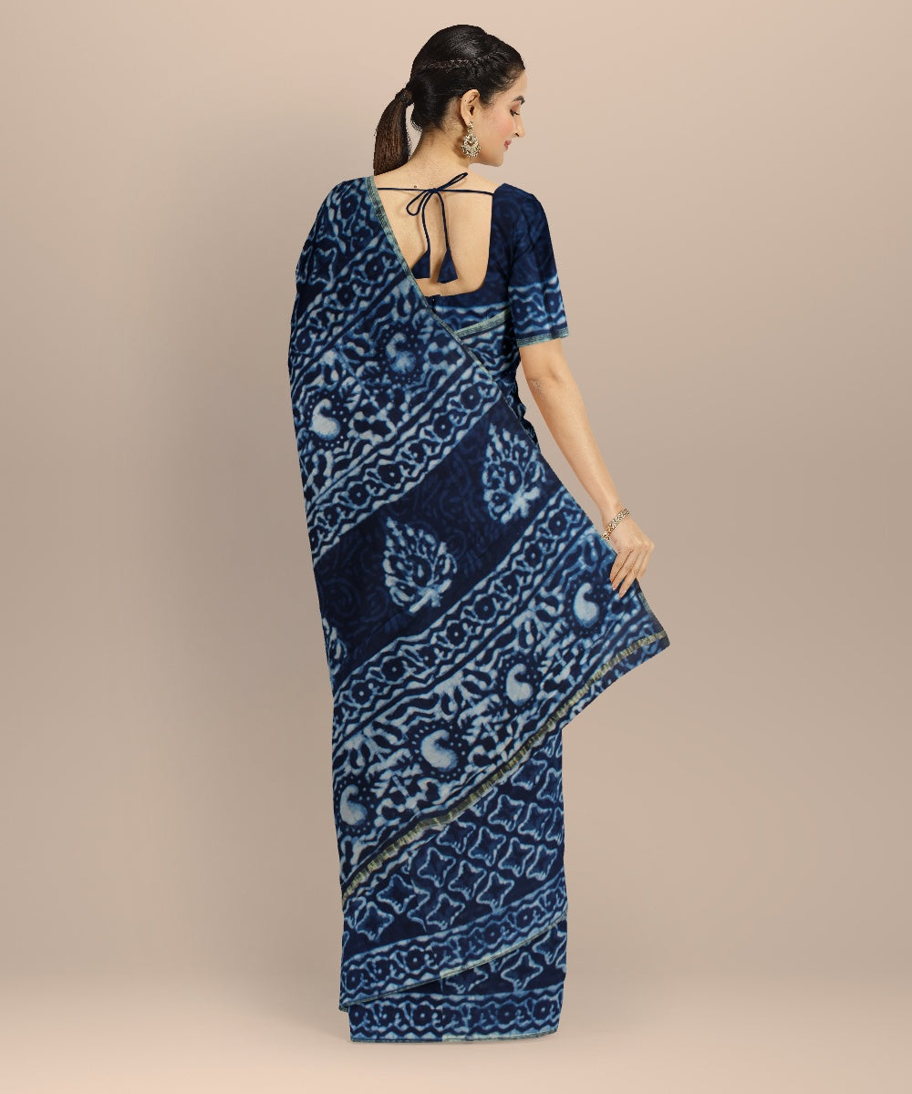Navy blue cotton silk hand block printed chanderi handwoven saree
