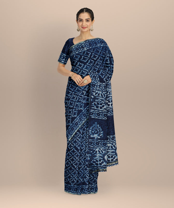 Navy blue cotton silk hand block printed chanderi handwoven saree