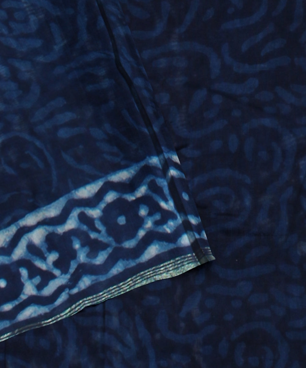 Navy blue cotton silk hand block printed chanderi handwoven saree