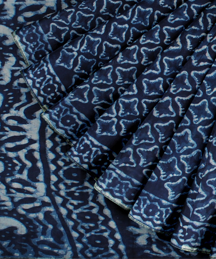 Navy blue cotton silk hand block printed chanderi handwoven saree