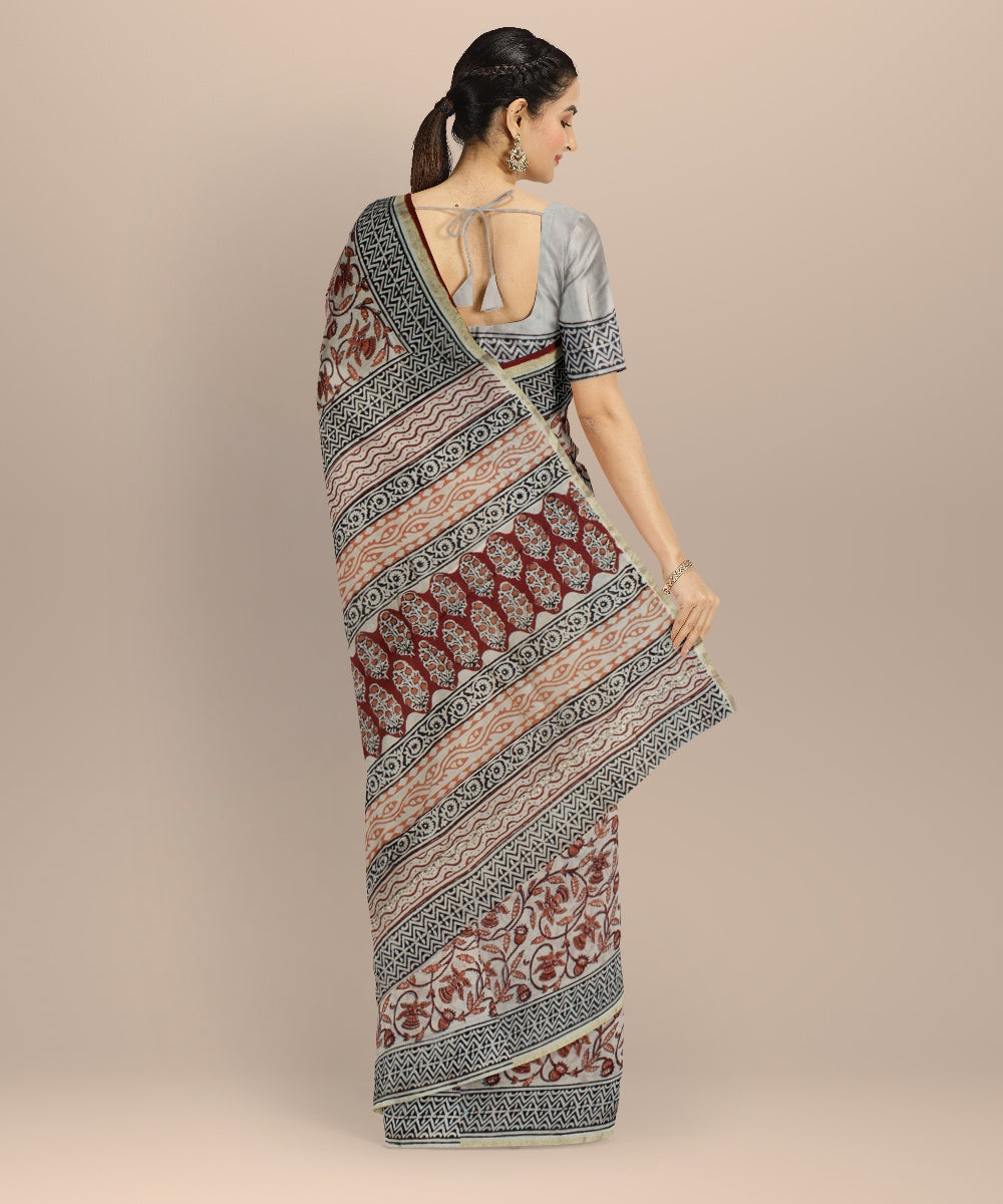 Grey maroon chanderi cotton silk handloom saree