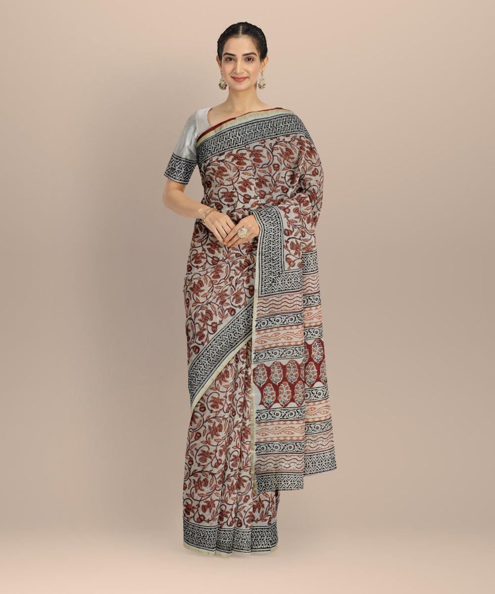 Grey maroon chanderi cotton silk handloom saree