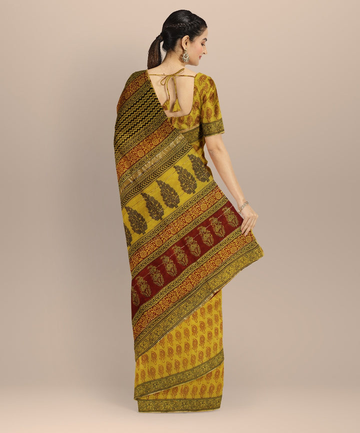 Yellow cotton silk handloom hand block printed chanderi saree