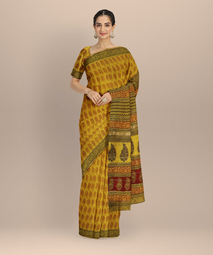 Yellow cotton silk handloom hand block printed chanderi saree