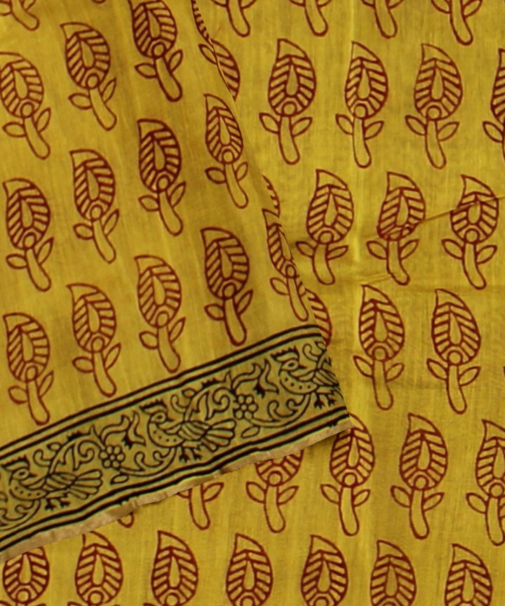 Yellow cotton silk handloom hand block printed chanderi saree