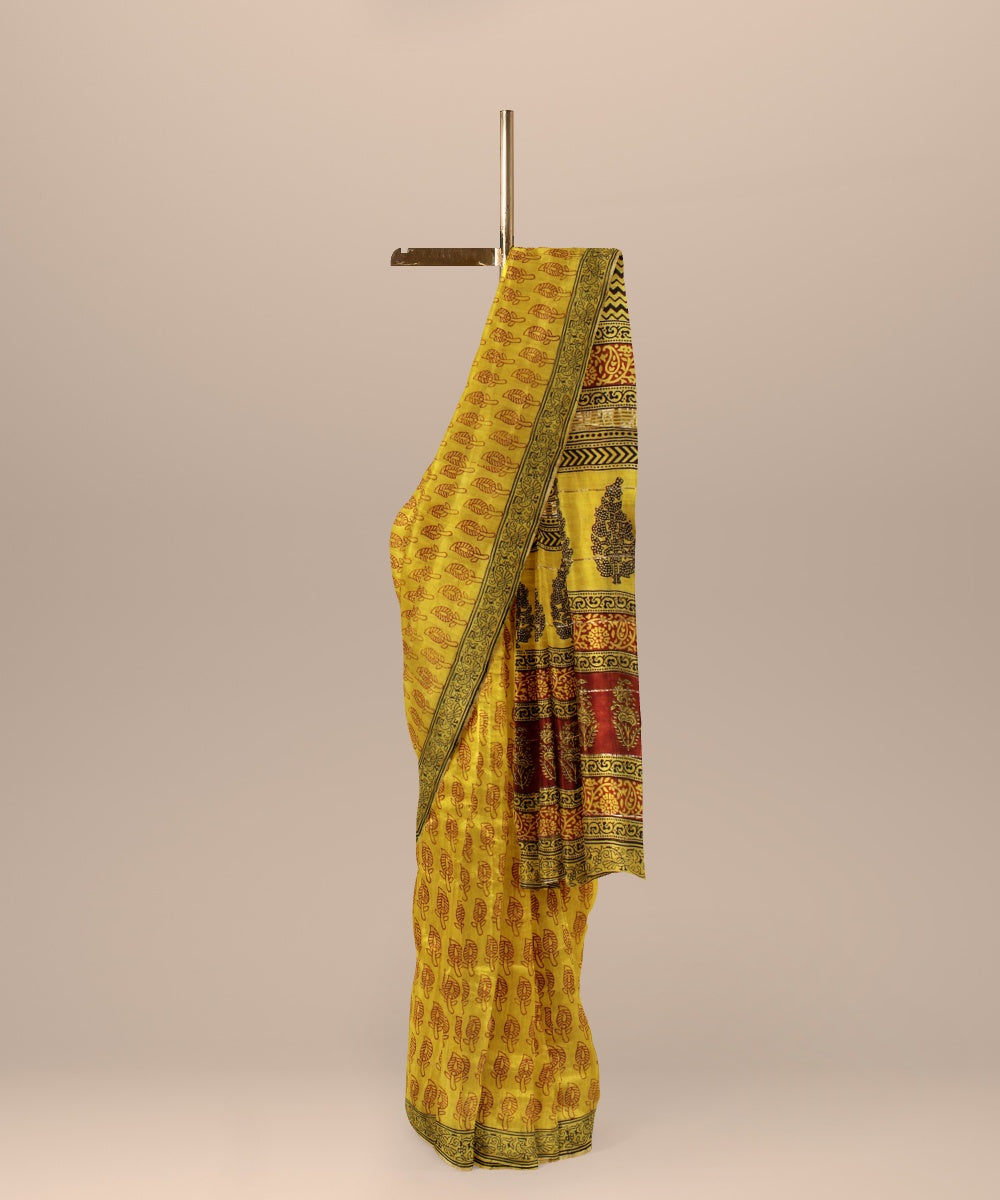 Yellow cotton silk handloom hand block printed chanderi saree