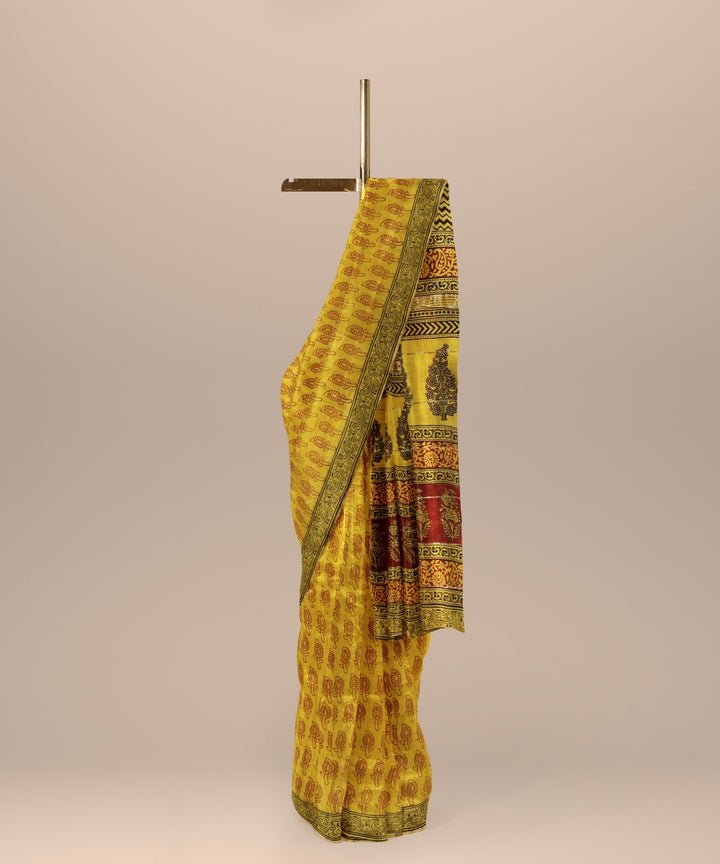 Yellow cotton silk handloom hand block printed chanderi saree