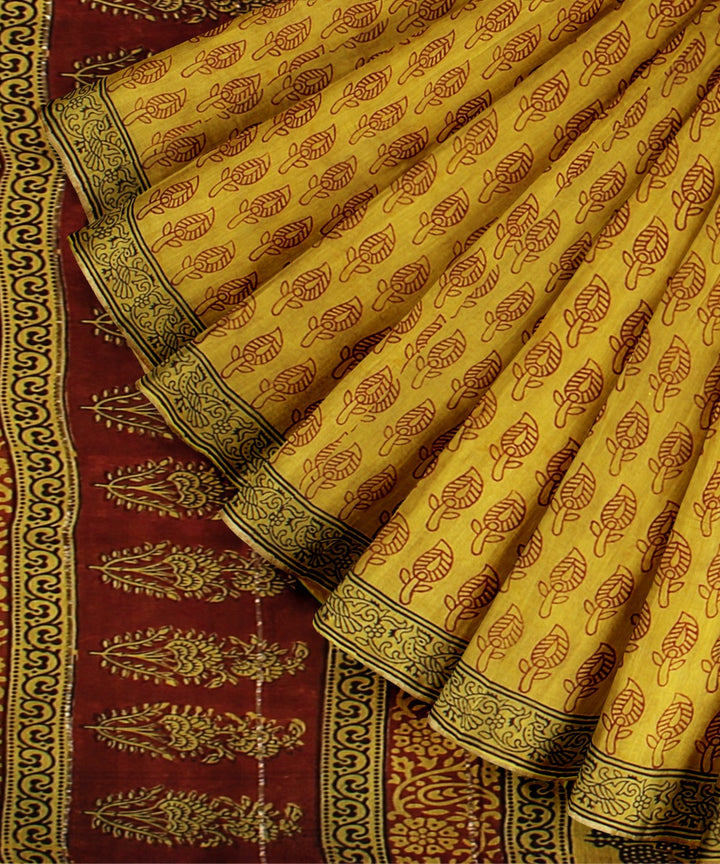 Yellow cotton silk handloom hand block printed chanderi saree