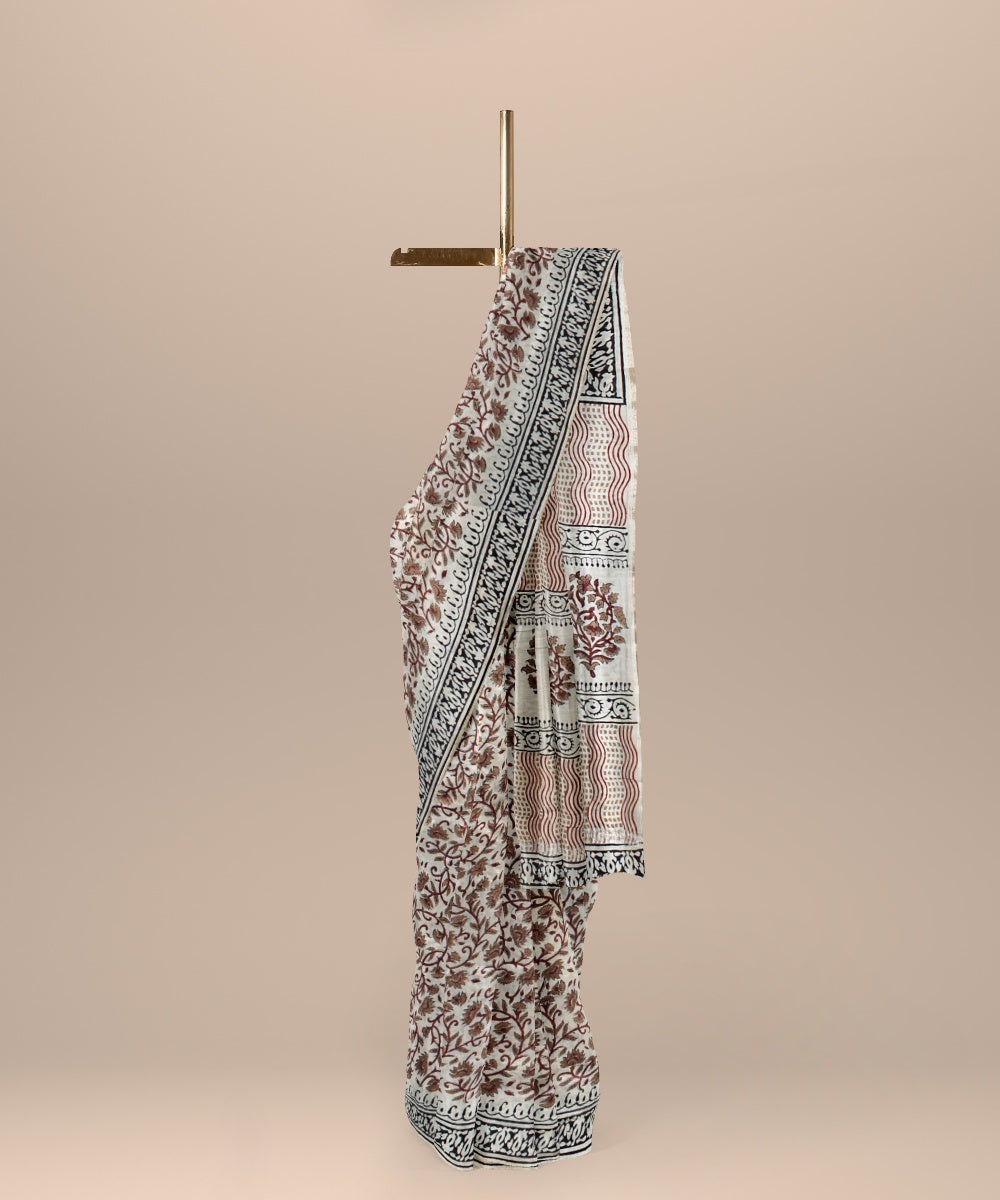 Grey cotton silk hand woven hand block printed chanderi saree