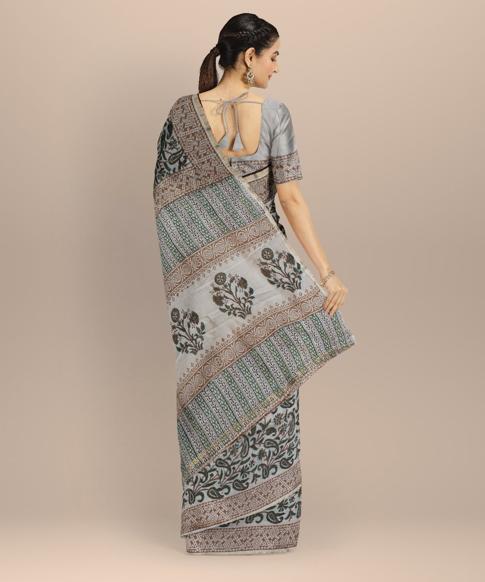Handloom grey cotton silk hand block printed chanderi saree