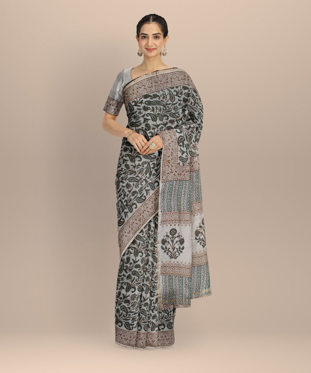 Handloom grey cotton silk hand block printed chanderi saree
