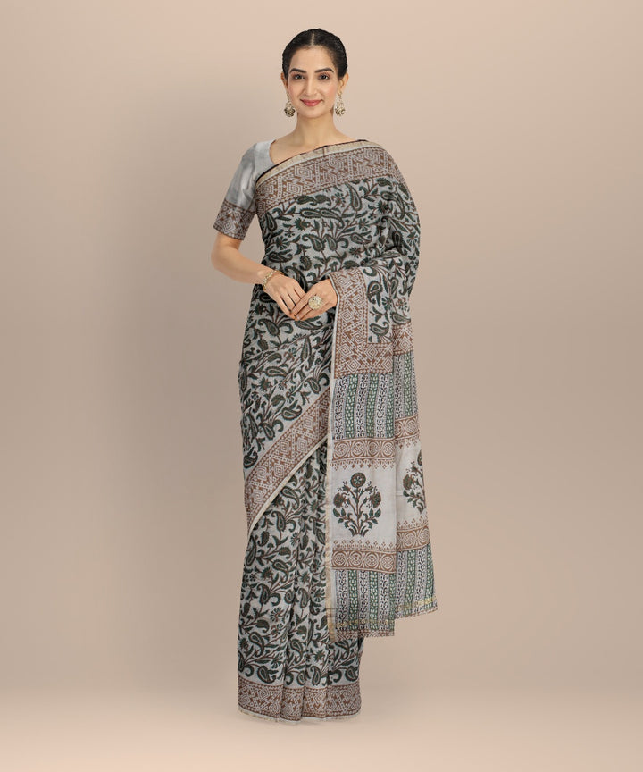 Handloom grey cotton silk hand block printed chanderi saree