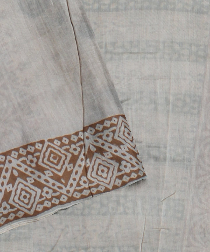 Handloom grey cotton silk hand block printed chanderi saree