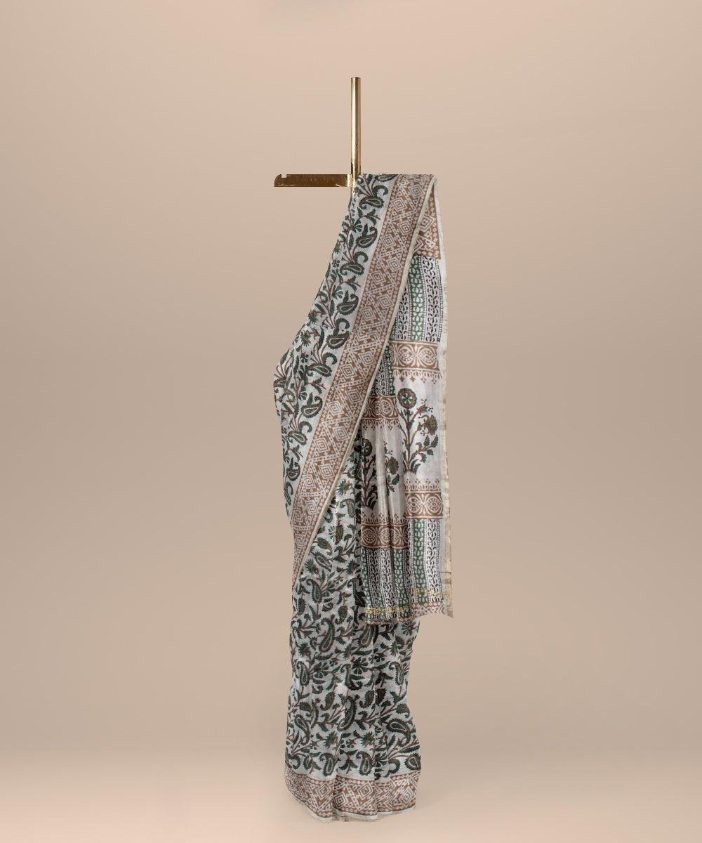 Handloom grey cotton silk hand block printed chanderi saree