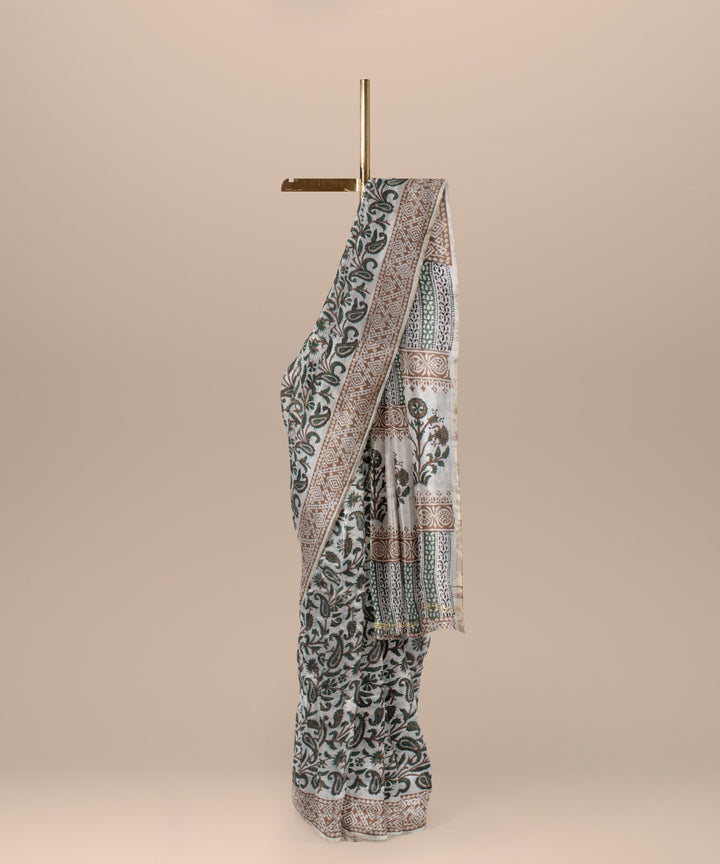 Handloom grey cotton silk hand block printed chanderi saree