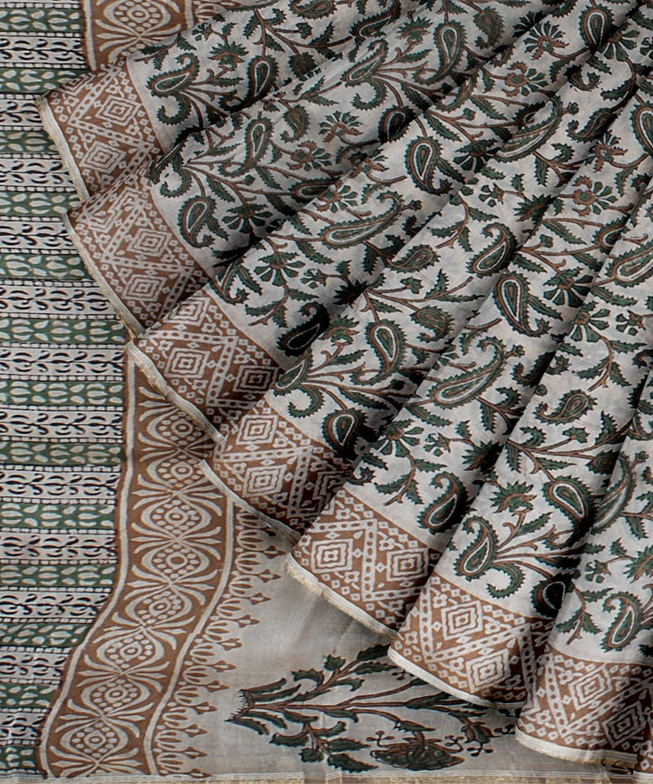 Handloom grey cotton silk hand block printed chanderi saree