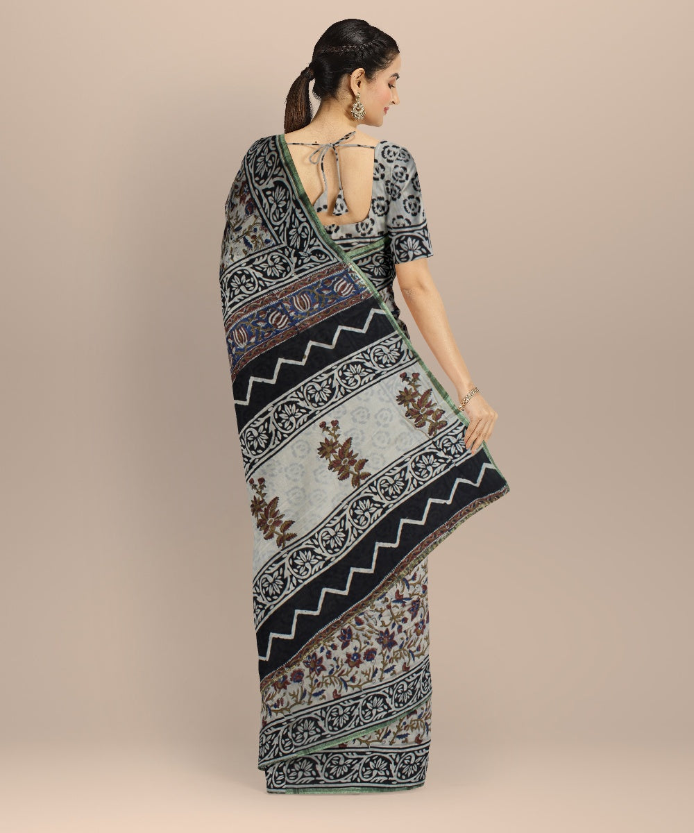 Grey hand block printed chanderi cotton silk handloom saree
