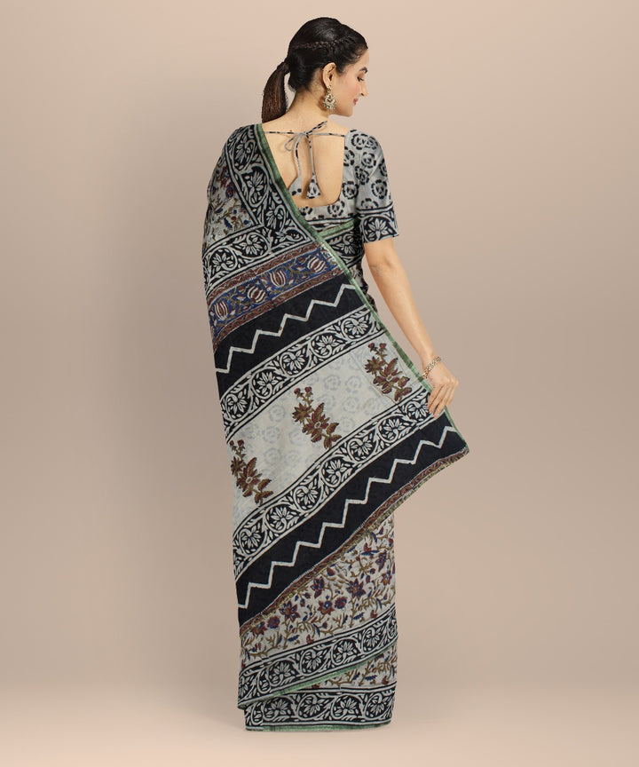 Grey hand block printed chanderi cotton silk handloom saree