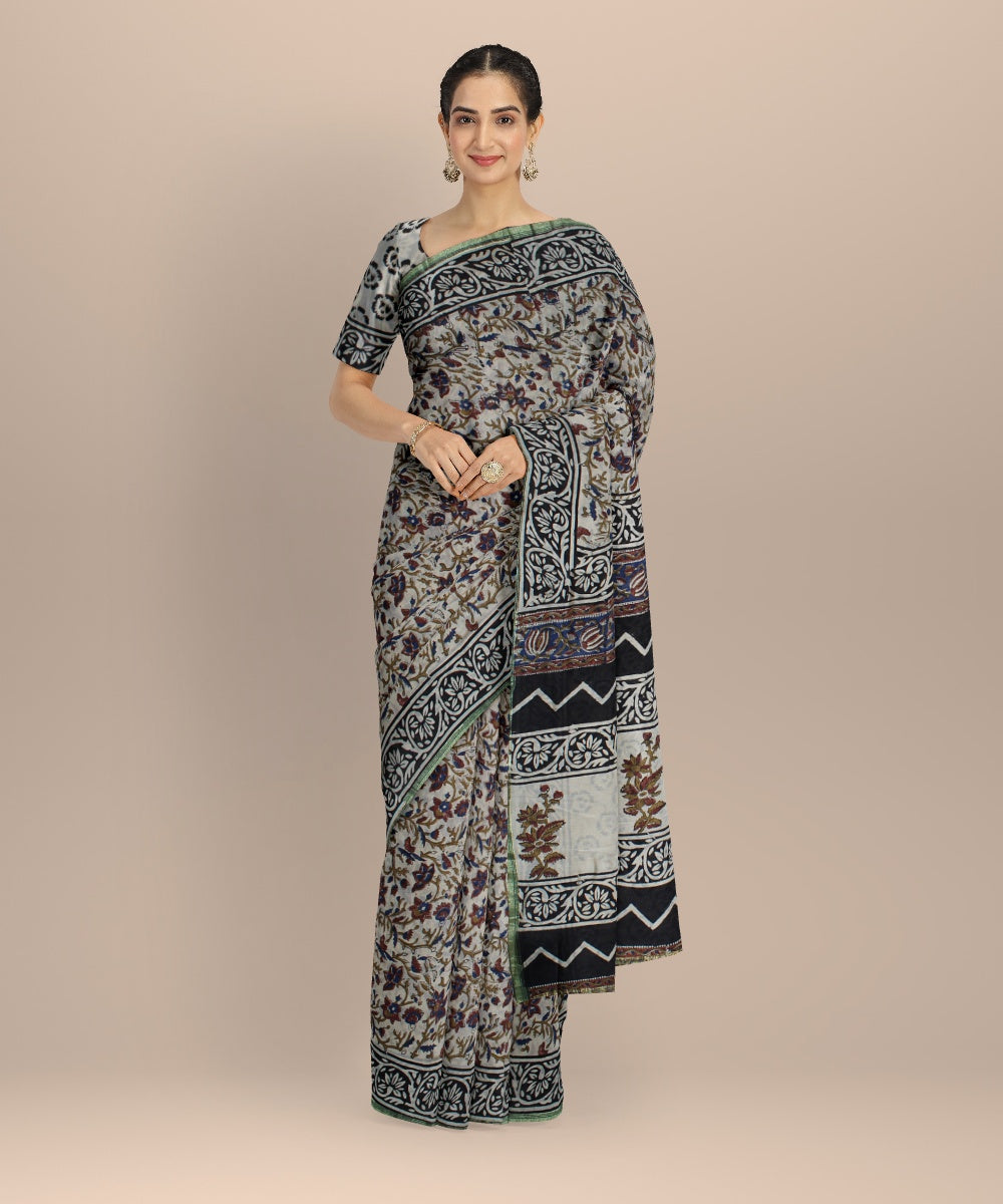 Grey hand block printed chanderi cotton silk handloom saree