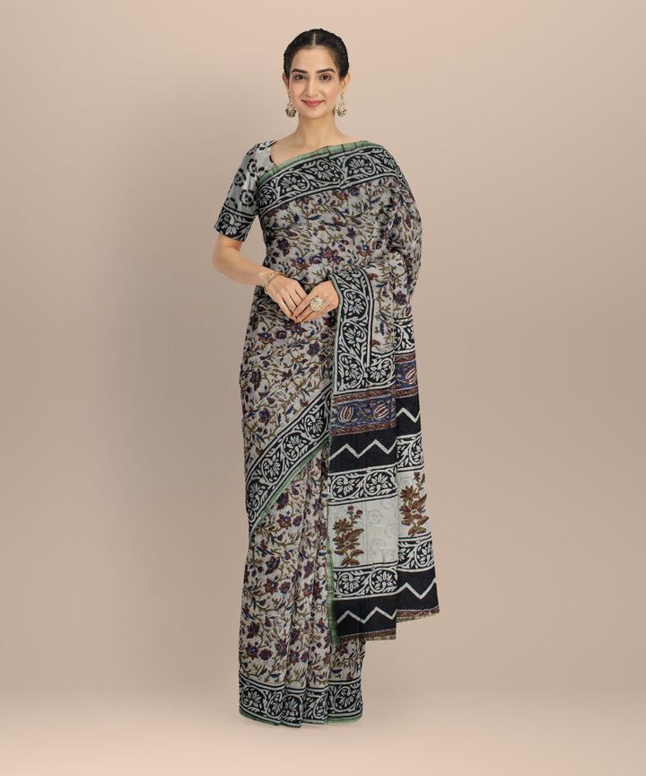 Grey hand block printed chanderi cotton silk handloom saree