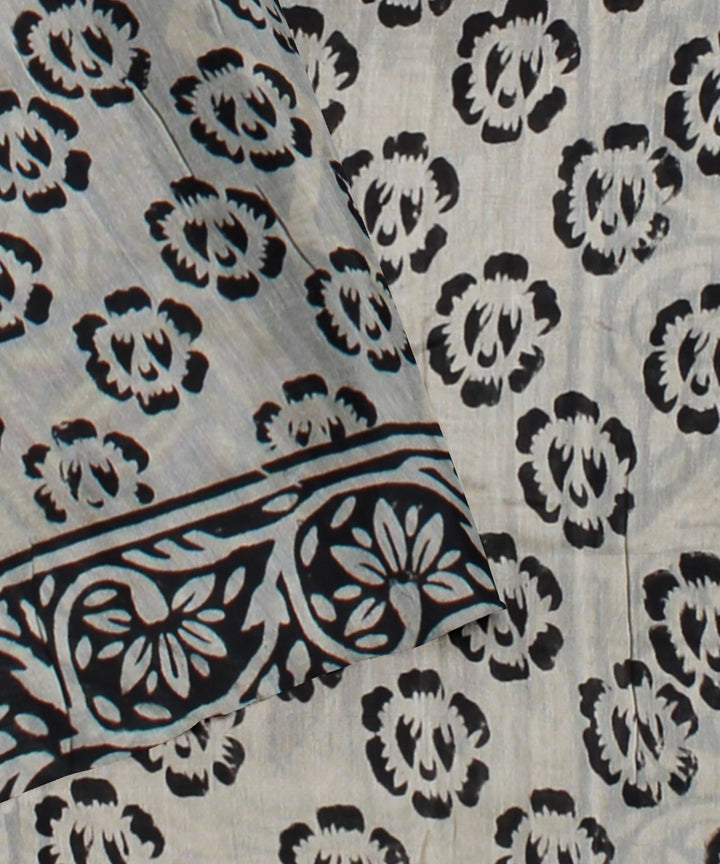 Grey hand block printed chanderi cotton silk handloom saree