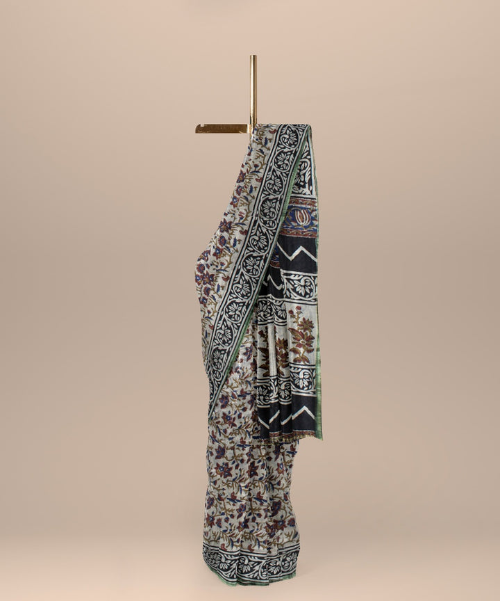 Grey hand block printed chanderi cotton silk handloom saree