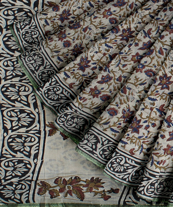 Grey hand block printed chanderi cotton silk handloom saree