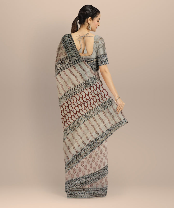 Grey black cotton silk handloom hand block printed chanderi saree