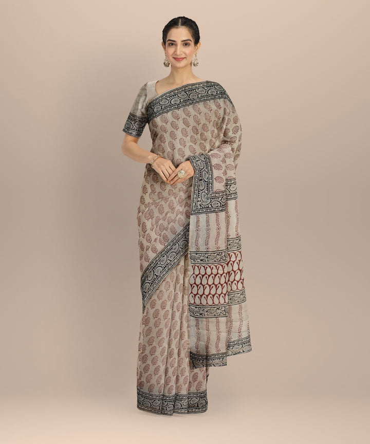 Grey black cotton silk handloom hand block printed chanderi saree