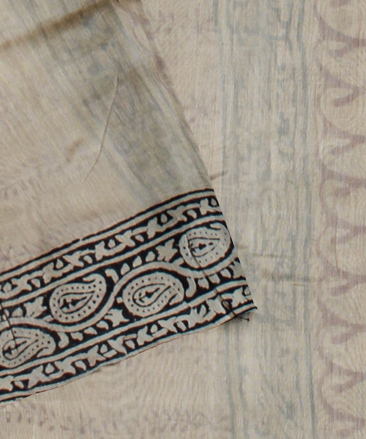 Grey black cotton silk handloom hand block printed chanderi saree