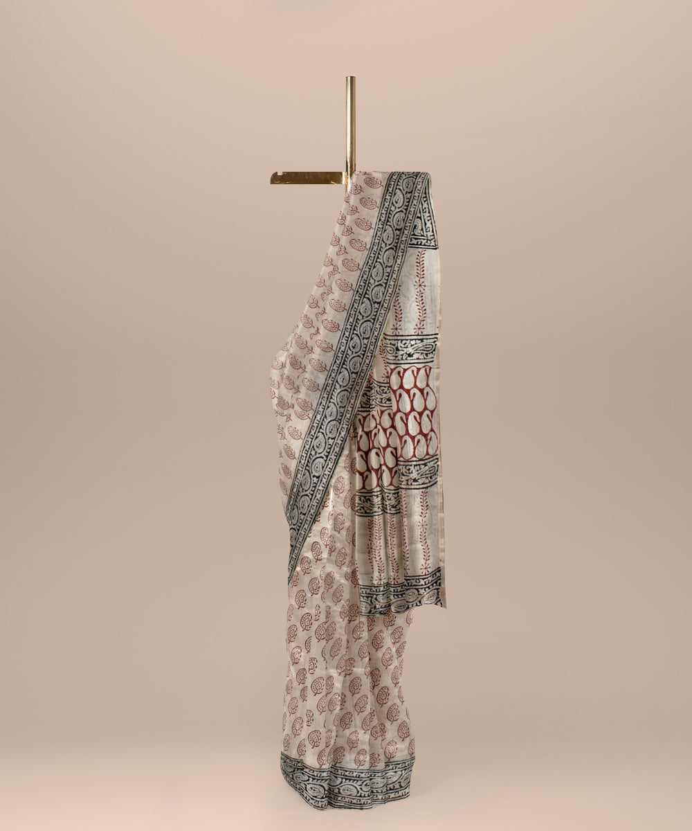 Grey black cotton silk handloom hand block printed chanderi saree