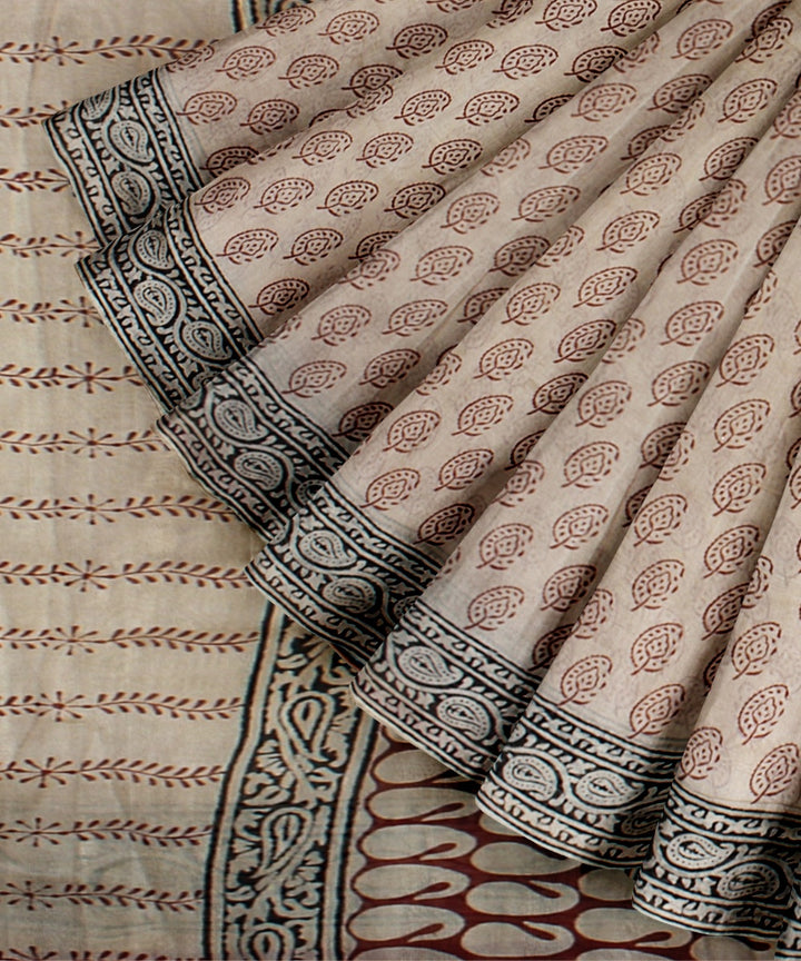 Grey black cotton silk handloom hand block printed chanderi saree