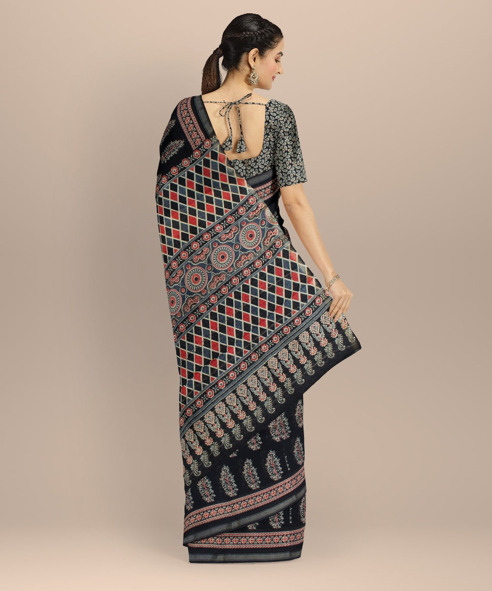Black red cotton silk handloom hand block printed chanderi saree