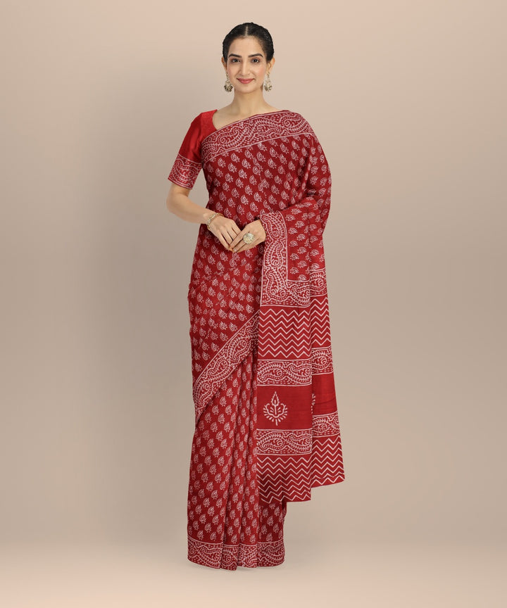 Red hand block printed chanderi cotton silk handloom saree