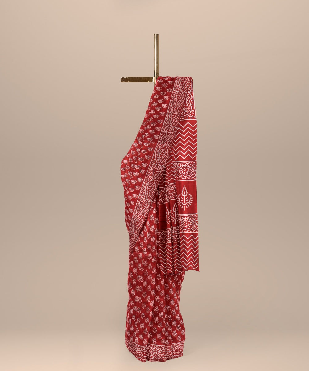 Red hand block printed chanderi cotton silk handloom saree