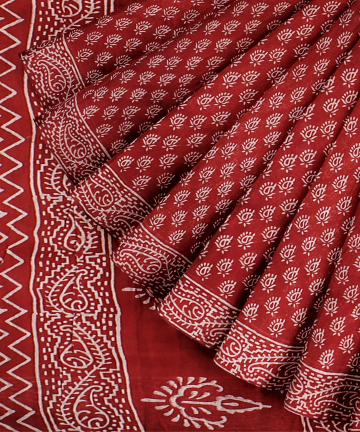 Red hand block printed chanderi cotton silk handloom saree
