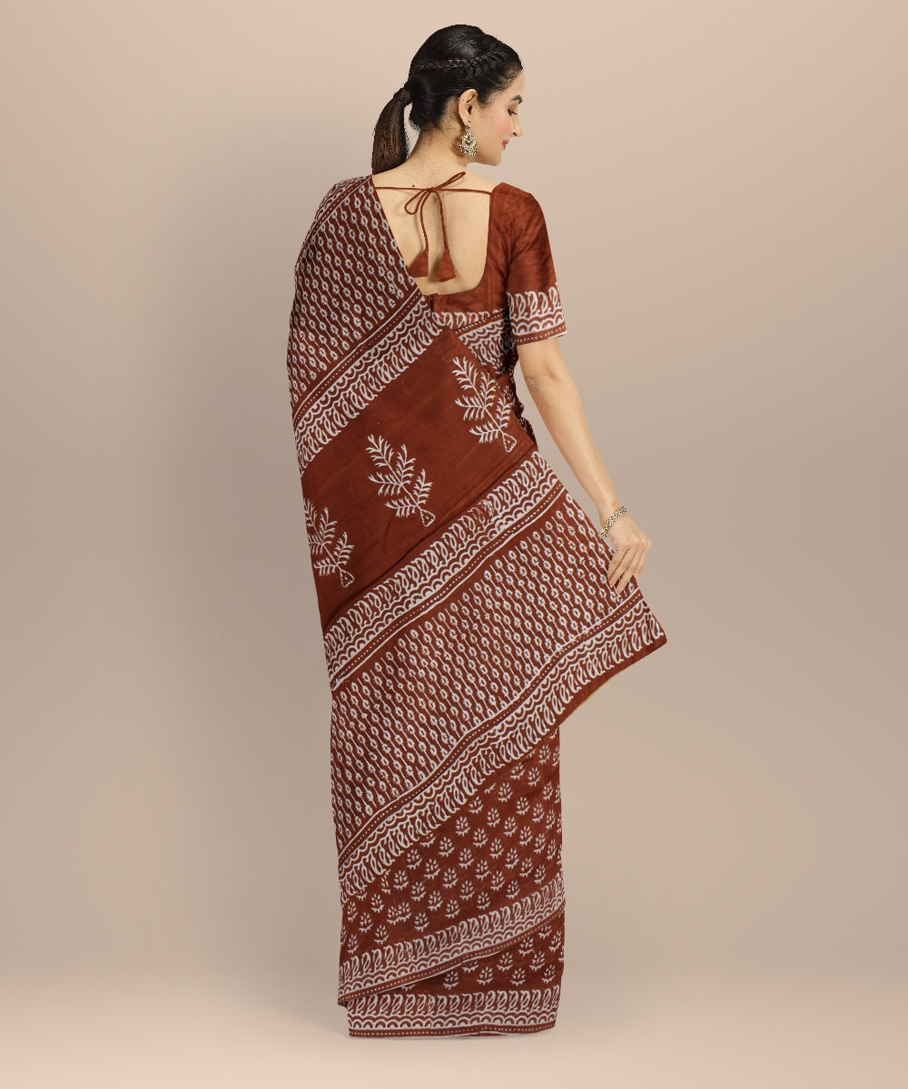 Maroon cotton silk handwoven hand block printed chanderi saree