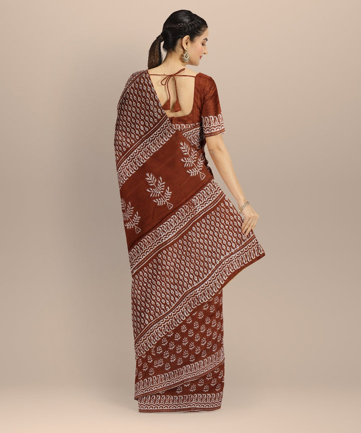 Maroon cotton silk handwoven hand block printed chanderi saree