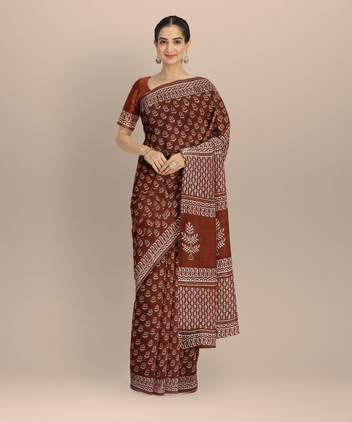 Maroon cotton silk handwoven hand block printed chanderi saree