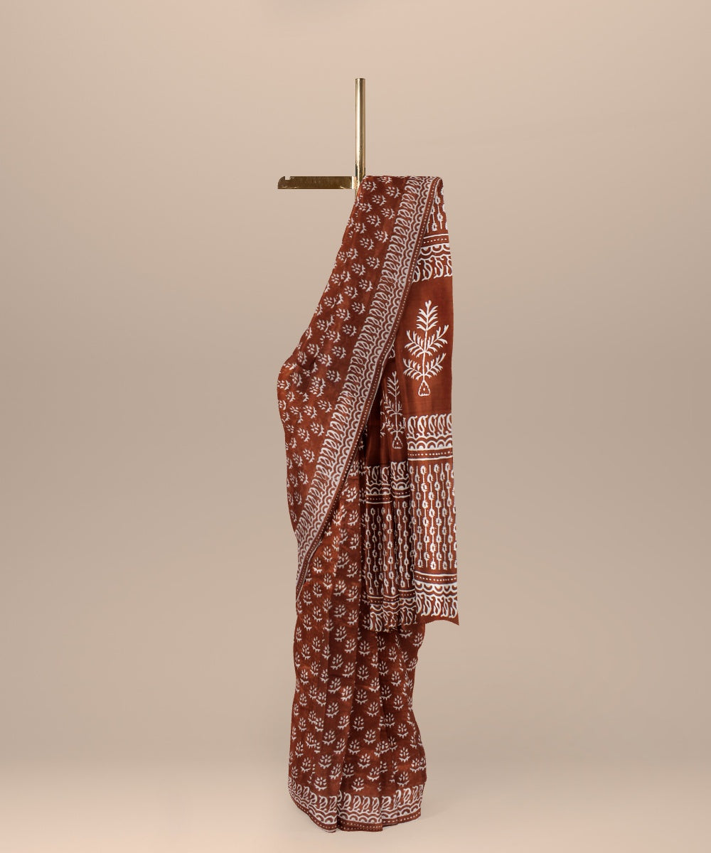 Maroon cotton silk handwoven hand block printed chanderi saree