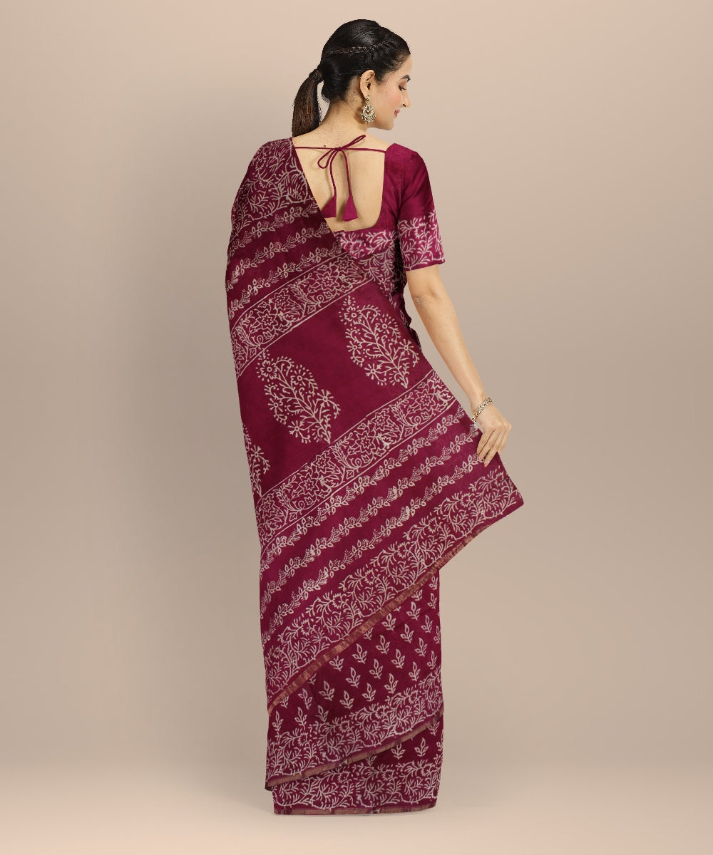 Handloom maroon cotton silk hand block printed chanderi saree