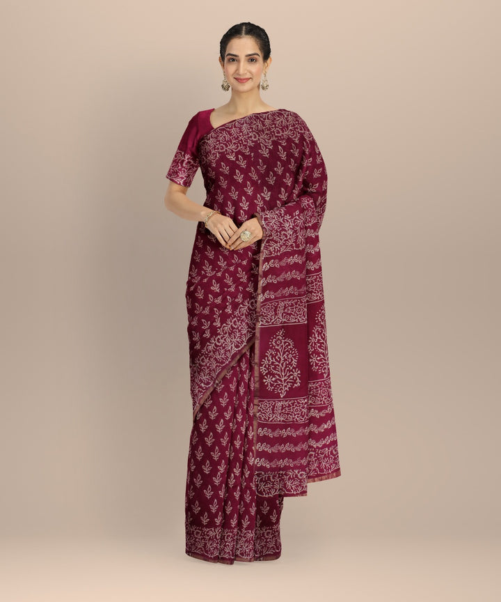 Handloom maroon cotton silk hand block printed chanderi saree
