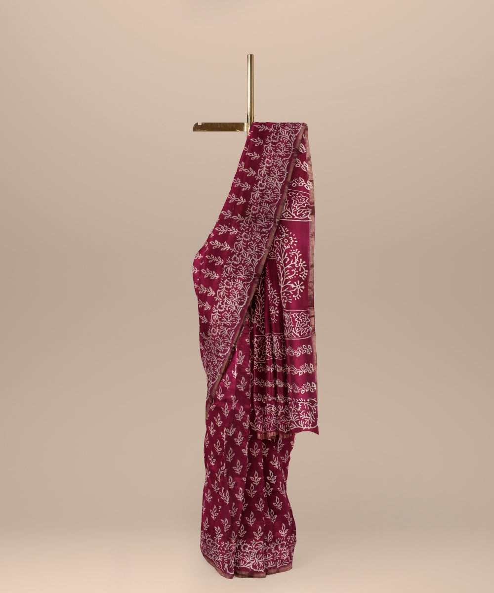 Handloom maroon cotton silk hand block printed chanderi saree