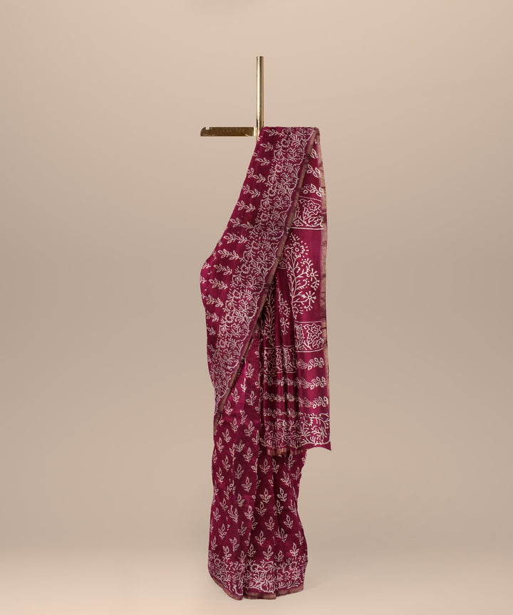 Handloom maroon cotton silk hand block printed chanderi saree