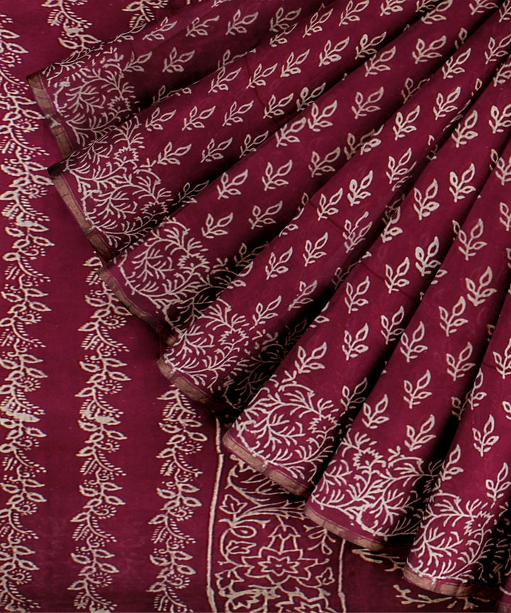 Handloom maroon cotton silk hand block printed chanderi saree